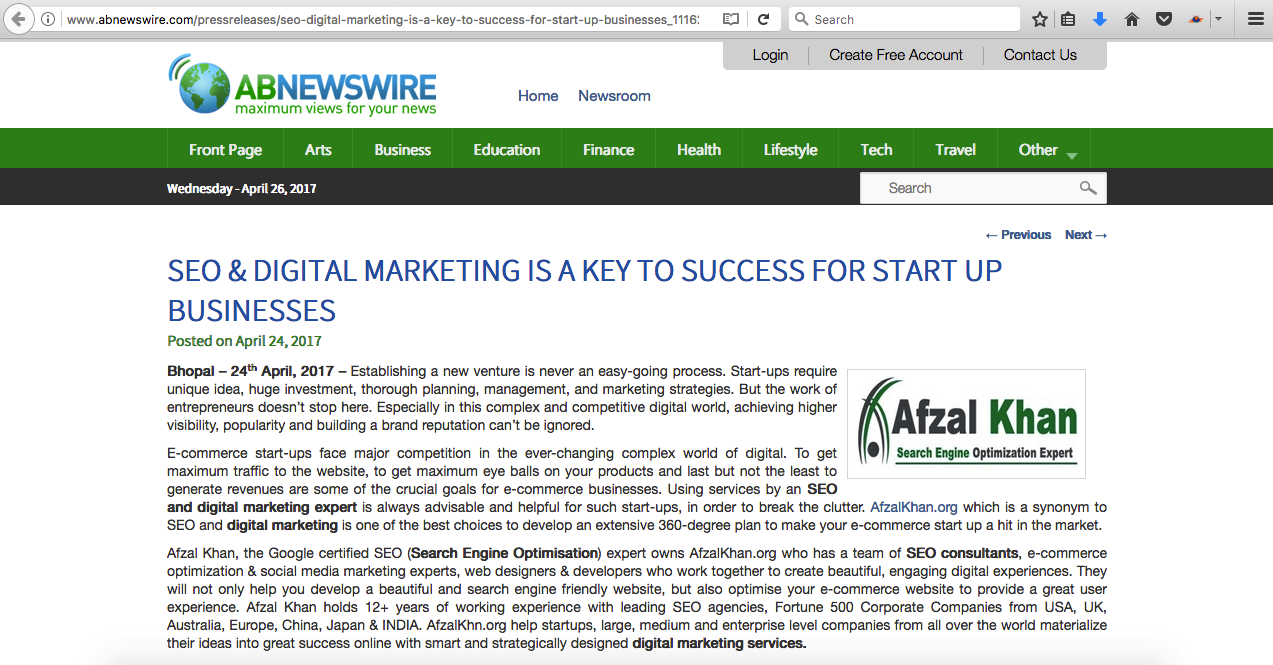 AfzalKhan.org_Press_Release_Abnewswire.com_Bhopal